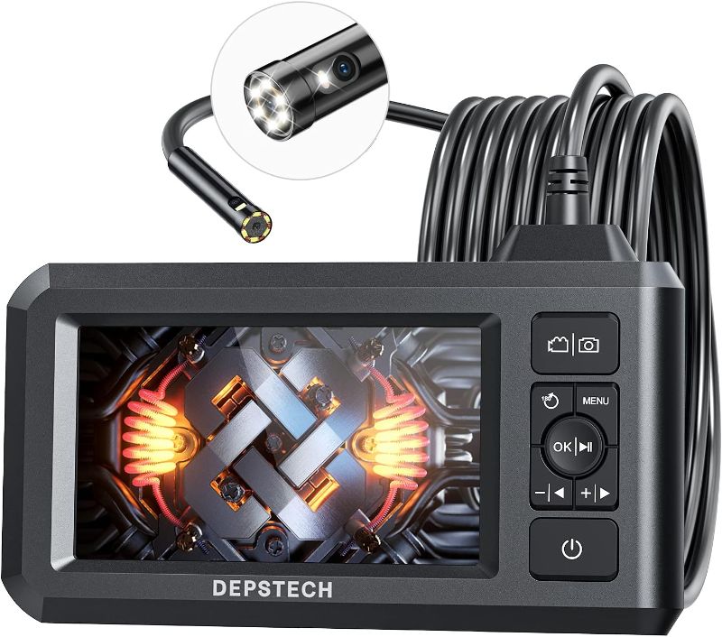 Photo 1 of DEPSTECH Dual Lens Industrial Endoscope, 1080P Digital Borescope Inspection Camera, 7.9mm IP67 Waterproof Camera, Sewer Camera with 4.3" LCD Screen,7 LED Lights,16.5FT Semi-Rigid Cable,32GB Card-Black
