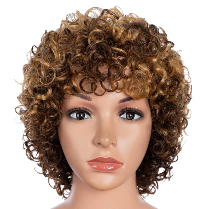 Photo 1 of Hightlight Brown 8" Short Curly Wigs for Black Women Human Hair Wigs with Bangs Ultra-Soft Brazilian Remy Hair Daily Use Wig