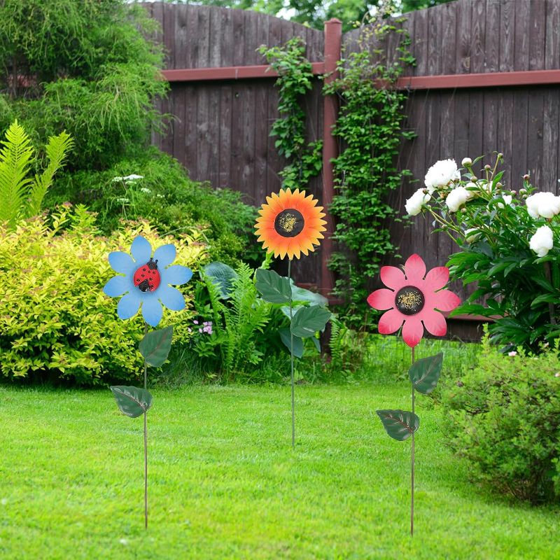 Photo 1 of  Metal Sunflower Stake Garden Decor 3pcs Rust Proof Colorful Daisy Flower Stick Metal Ladybug Flower Yard Art for Outdoor Lawn Landscape