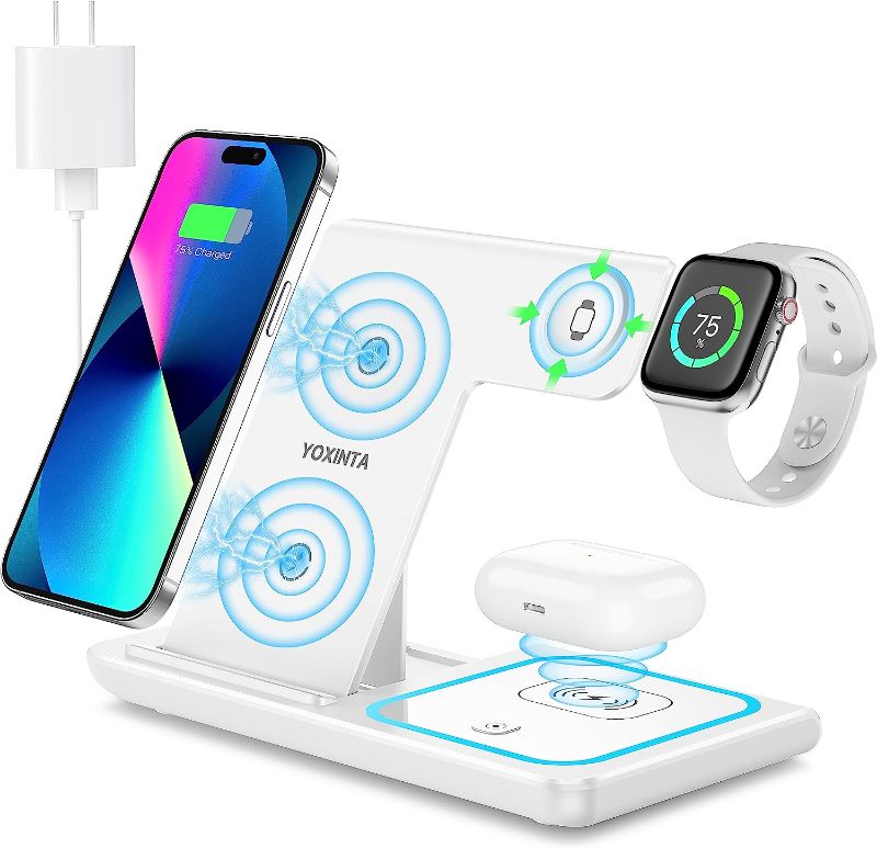 Photo 1 of Wireless Charging Station, 3 in 1 Wireless Charger Stand, Fast Wireless Charging Dock for iPhone 13/12/11/Pro/X/Max/XS/XR/8/Plus, for Apple Watch7/6/5/4/3/2/SE, for Airpods 3/2/Pro(White)
