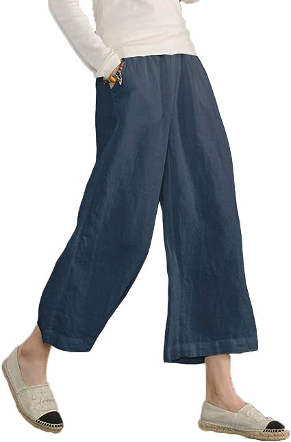 Photo 1 of ECUPPER Womens Casual Loose Elastic Waist Cotton Trouser Cropped Wide Leg Pants SIZE 2XL 
