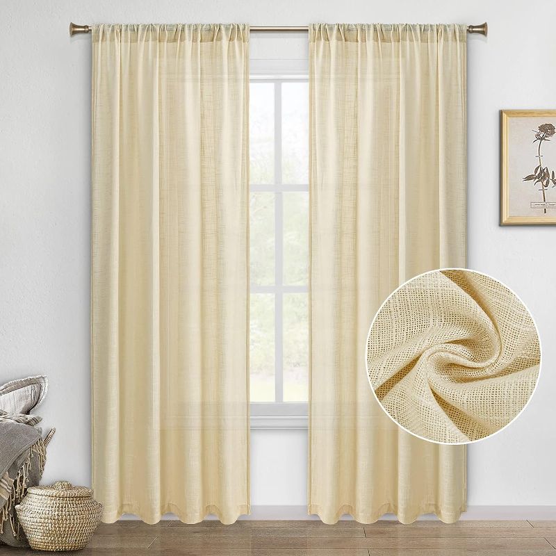 Photo 1 of  Linen Beige Sheer Curtains - Rod Pocket Semi Voile Bedroom and Living Room Window Curtain Panels, Set of 2 Drapes, 52 x 84 Inches