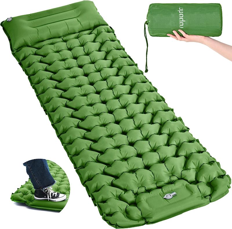 Photo 1 of  Extra Thickness 3.9'' Inflatable Sleeping Pad for Camping with Pillow, Built-in Foot Pump, 77''*27'' Sleeping Mat with Carry Bag, Ultralight & Compact Camping Mattress for Hiking, Camping -- BLUE -- 