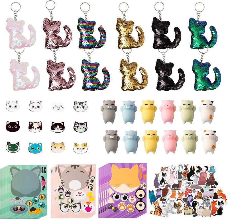 Photo 1 of 104Pcs Cat Party Favors Kits, Meow Cat Party Favors All-in-One Pack Party Supplies Include Mochi Toys Sequin Meow Keychains,Cute Cartoon Meow Pin,Mewo Sticker, Face Stickers for Boys and Girls Kids Birthday Party
