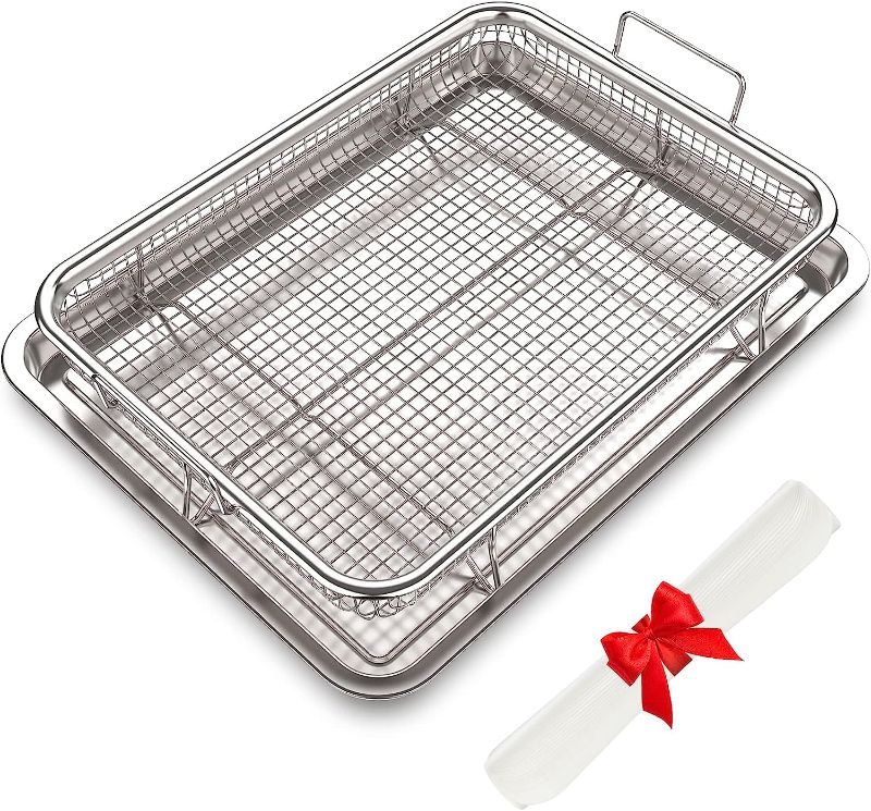 Photo 1 of Air Fryer Basket for Oven, 12.8“ x 9.6“ Stainless Steel Crisper Tray and Pan with 30 PCS Parchment Paper, Deluxe Air Fry in Your Oven, 2-Piece Set, Baking Pan Perfect for the Grill

