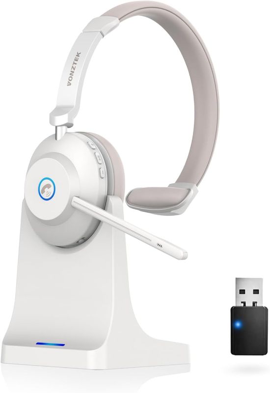 Photo 1 of Bluetooth Headset, Wireless Headphones with Microphone Noise Canceling & USB Dongle, Wireless Headset with Mic Mute & Charging Base for Computers PC/Phones/Zoom/Skype/MS teams/Google Meet Work Headset
