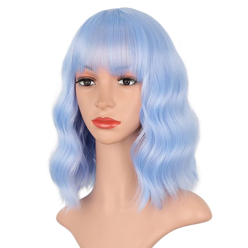 Photo 1 of LNERATO Light Blue Wig Short Curly Wavy Bob Wigs for Women Blue Wig with Bangs Shoulder Length Synthetic Cosplay Party Wig Colored Wigs for Women Girls(12" Light Blue)
