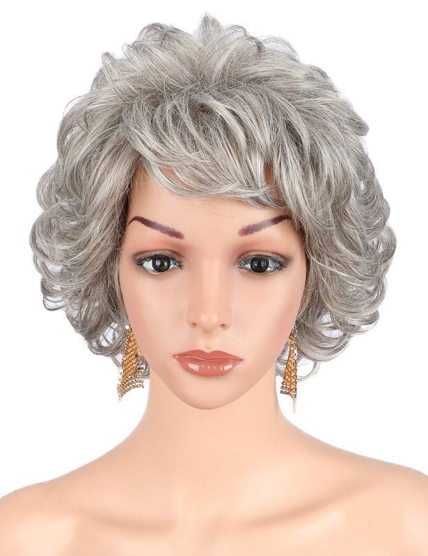 Photo 1 of Kalyss Short Silver Grey Curly Wavy Wigs with Hair Bangs Lightweight Premium Heat Resistant Synthetic Wigs for Women
