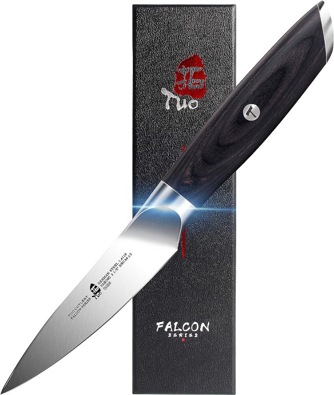 Photo 1 of TUO Fruit Paring Knife, Peeling Knife 3.5 inch - German HC Steel - Full Tang Pakkawood Handle - Falcon Series with Gift Box
