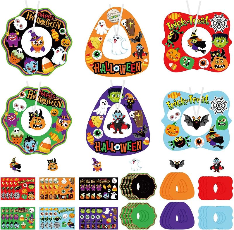 Photo 1 of 24 Sets Halloween Crafts and Arts for Kids Ages 4-8 Halloween Wreath Ornaments Craft Kits for Decorations Wreath Signs with Ghost Owl Witch Bats for Kids Art Gift Favors Trick or Treat Front Door
