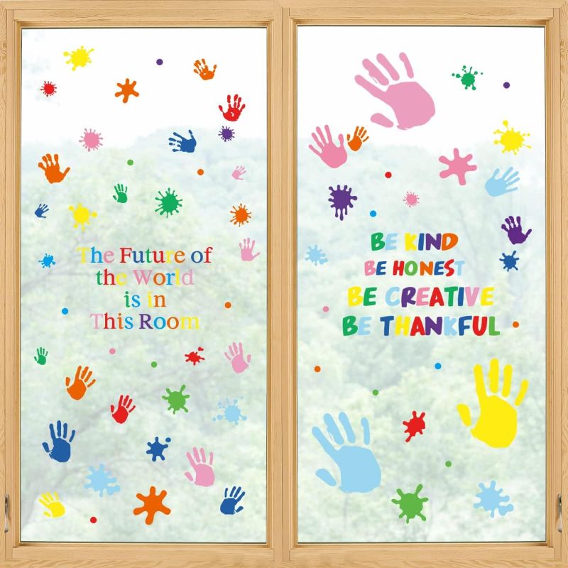 Photo 1 of Horaldaily 100 PCS The Future of The World is in This Room Window Cling Sticker, Colorful Inspirational Quotes with Hand Prints Window Decal for Classroom School Kids Bedroom Playroom Nursery
