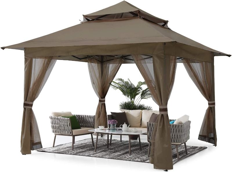 Photo 1 of ABCCANOPY Pop Up Gazebo 13x13 - Outdoor Canopy Tent with Mosquito Netting for Patio Garden Backyard (Brown)

