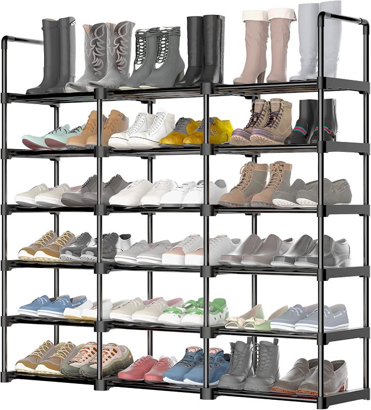 Photo 1 of 6 Tiers Large Shoe Rack, Shoe Stand Shelf, Heavy Duty Stackable Metal Shoe Rack Storage Organizer for Closet , Entryway, Corner, Garage Free Standing Shoe Tower Up to 30-36 Pairs with Handrail Black
