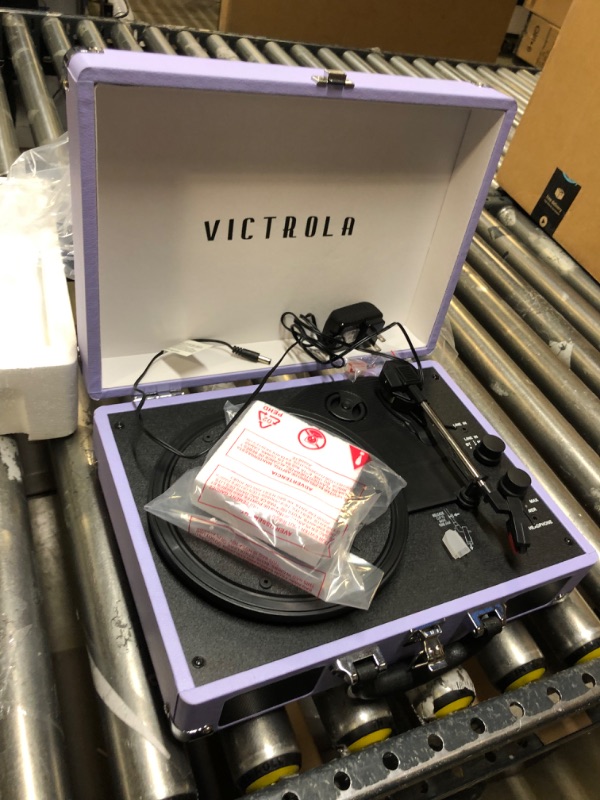 Photo 2 of Victrola Vintage 3-Speed Bluetooth Portable Suitcase Record Player with Built-in Speakers | Upgraded Turntable Audio Sound | Lavender (VSC-550BT-LVG) Lavender/Silver Record Player