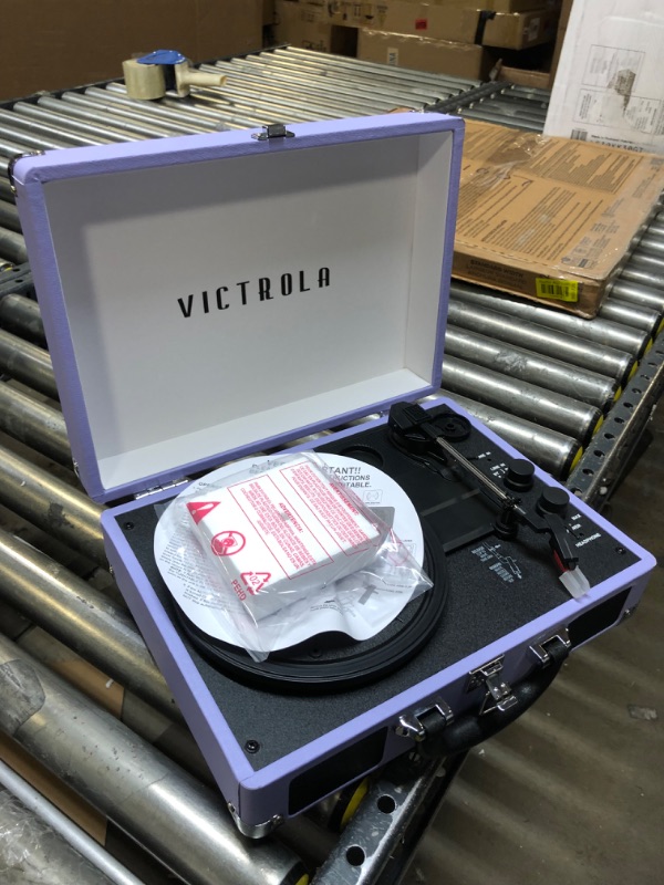 Photo 3 of Victrola Vintage 3-Speed Bluetooth Portable Suitcase Record Player with Built-in Speakers | Upgraded Turntable Audio Sound | Lavender (VSC-550BT-LVG) Lavender/Silver Record Player