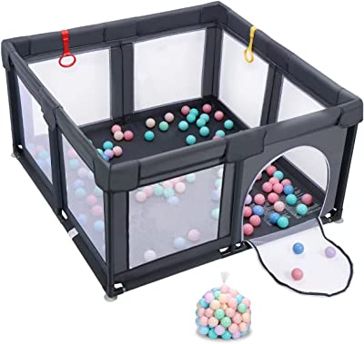 Photo 1 of Baby Playpen, Playpen for Babies and Toddlers Indoor & Outdoor Kids Activity Center with 50 Ocean Balls Small Baby Playard Breathable Mesh Kids Safety Play Area, 47in x 47in (Dark Gray) --- Box Packaging Damaged, Item is New
