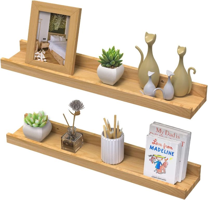 Photo 1 of AMZFURNI Oak Wood Floating Shelves for Wall Collage, 24" Picture Ledge Shelf for Photo Frame (2Pcs, Natural Color, American Oak, Polished, Lacquered) Natural 23.6"x4.7" --- Box Packaging Damaged, Item is New
