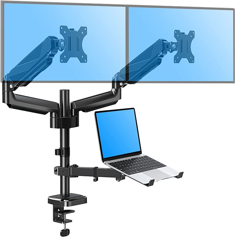 Photo 1 of MOUNTUP Dual Monitor and Laptop Mount, Gas Spring Monitor Stand for Two 13”-27" Flat Curved Computer Screens, with Laptop Keyboard Tray Fits 10-17 inch Notebook, 3-in-1 Adjustable Monitor Desk Mount
