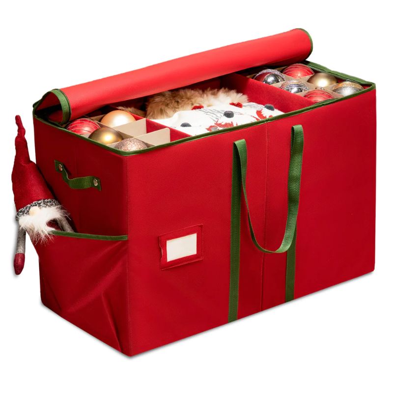 Photo 1 of All-In-One Ornament and Figurine Storage Box with Pockets and Compartments for 80+, Non-Woven 16.7" x 25.5" x 12.7" Red
