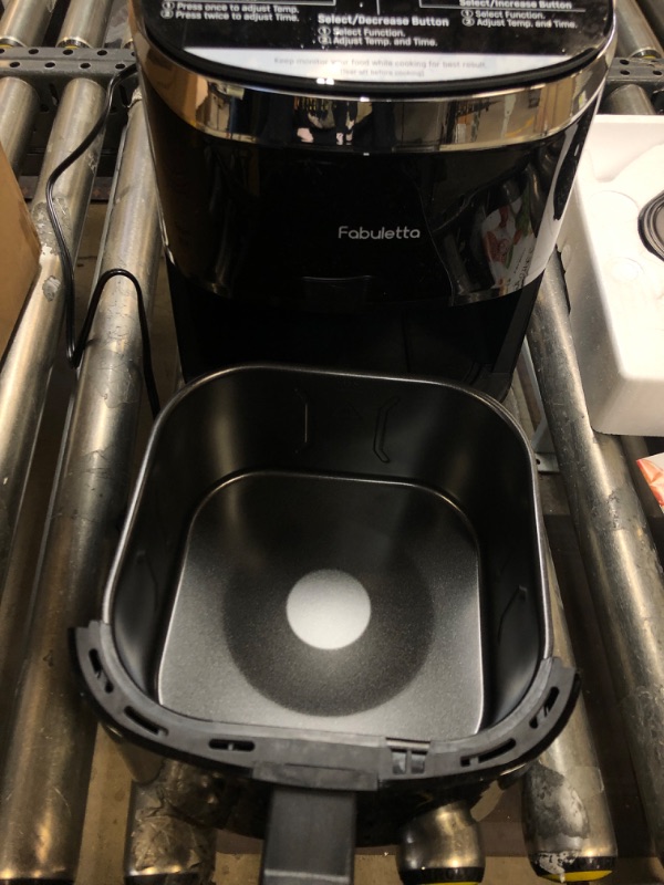 Photo 5 of Air Fryers, Fabuletta 9 Cooking Functions Electric Air Fryer, Shake Reminder, Powerful 1550W Electric Hot Air Fryer Oilless Cooker, Tempered Glass Display, Dishwasher-Safe & Nonstick, 4 Quart Air Fryer Black (PROTECTIVE STICKER STILL ON)