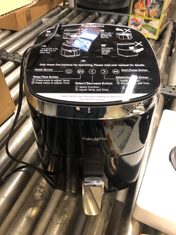 Photo 4 of Air Fryers, Fabuletta 9 Cooking Functions Electric Air Fryer, Shake Reminder, Powerful 1550W Electric Hot Air Fryer Oilless Cooker, Tempered Glass Display, Dishwasher-Safe & Nonstick, 4 Quart Air Fryer Black (PROTECTIVE STICKER STILL ON)