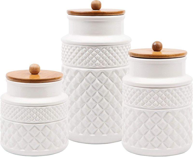 Photo 1 of American Recreations Embossed Faceted Canister White Ceramic Set of 3 Round Jars with for Kitchen - Food Storage - Bamboo Lid and Rubber Gasket
