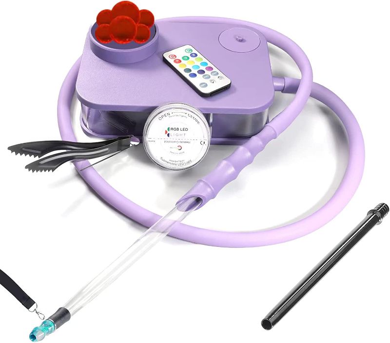 Photo 1 of Matte Purple Acrylic Portable Hookah Set With Modern Textured Base, Purple Handle, Matte Purple Silicone Bowl and Hose + Narguile Accessories…
