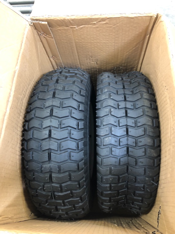 Photo 2 of (2-Pack) 16x6.50-8 Pneumatic Tires on Rim - Universal Fit Riding Mower and Yard Tractor Wheels - With Chevron Turf Treads - 3” Centered Hub and 3/4” Bushings - 615 lbs Max Weight Capacity