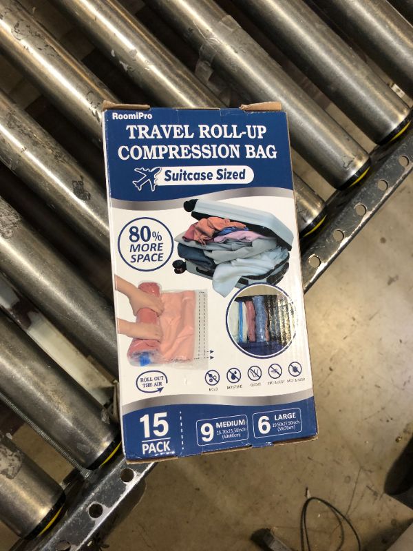 Photo 2 of 15 Compression Bags for Travel, Roll Up Space Saver Bags for Travel, Saves 80% of Storage Space, Travel Compression Bags for Packing & Clothes, No Pump or Vacuum Needed
