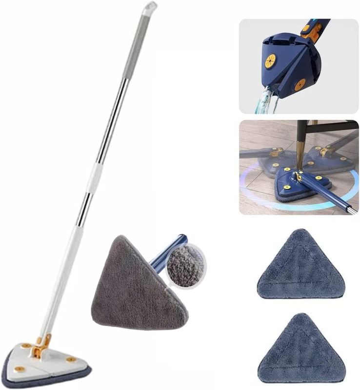 Photo 1 of 2023 New 360° Rotatable Adjustable Cleaning Mop with 2 Mop Replacement Heads, Triangle Cleaning Mop for Walls and Ceilings, Microfiber Ecloth Mop Wet and Dry for Bathroom Floor Wall Bed Bottom (White)
