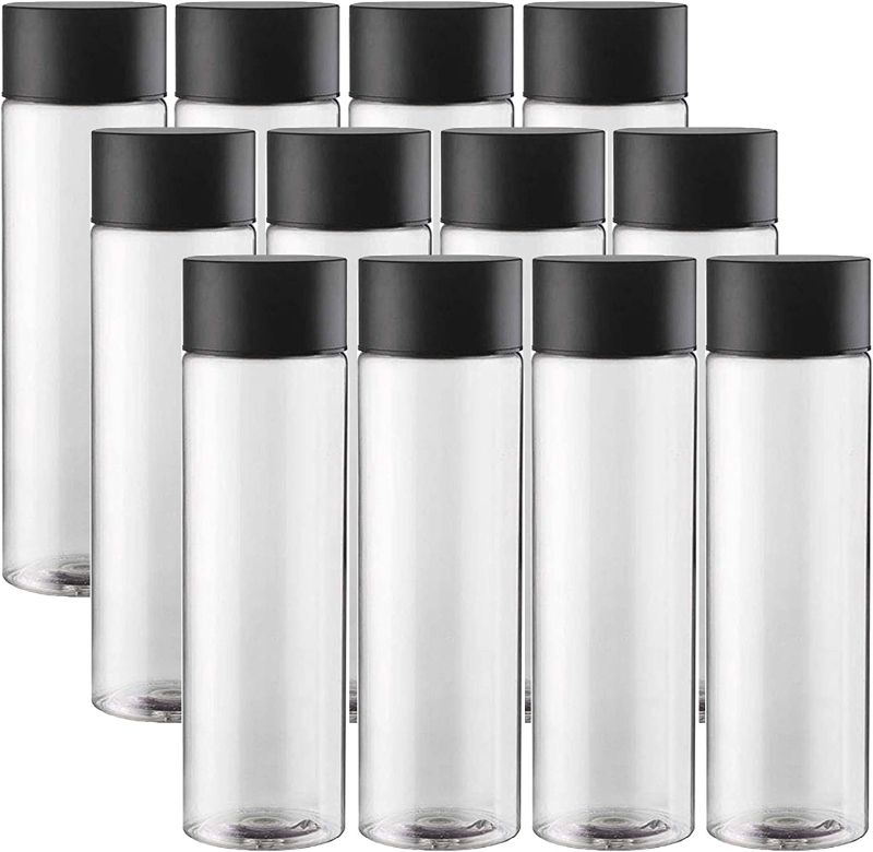 Photo 1 of 12-Pack Bulk Empty Plastic Juice Bottles Reusable Water Bottles to work great as Sensory Bottles and Smoothie Bottles with Black Lids Great for Sensory Crafts and Calming Bottles 400ml
