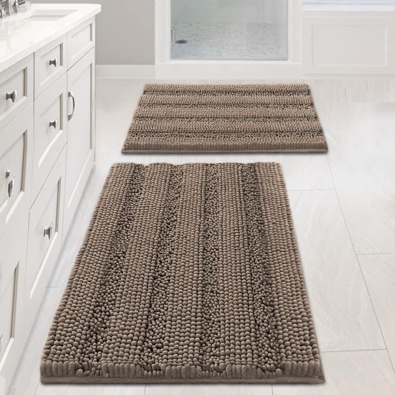 Photo 1 of 2 Piece Bathroom Set Extra Thick Chenille Striped Pattern Bath Rugs for Bathroom Non Slip Soft Plush Shaggy Bath Mats for Bathroom, Indoor Mats Rugs for Entryway (Taupe Brown, 20" x 32"/17" x 24")
