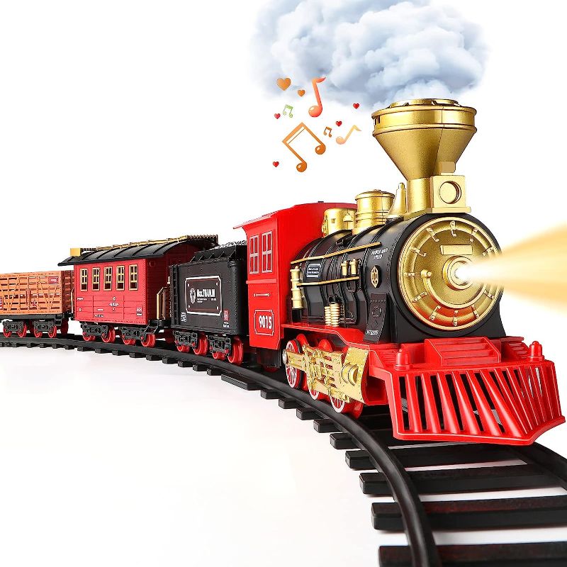 Photo 1 of Hot Bee Train Set - Train Toys for Boys Girls w/ Smokes, Lights & Sound, Railway Kits, Toy Train w/ Steam Locomotive Engine, Cargo Cars & Tracks, Christmas Gifts for 3 4 5 6 7 8+ Year Old Kids
