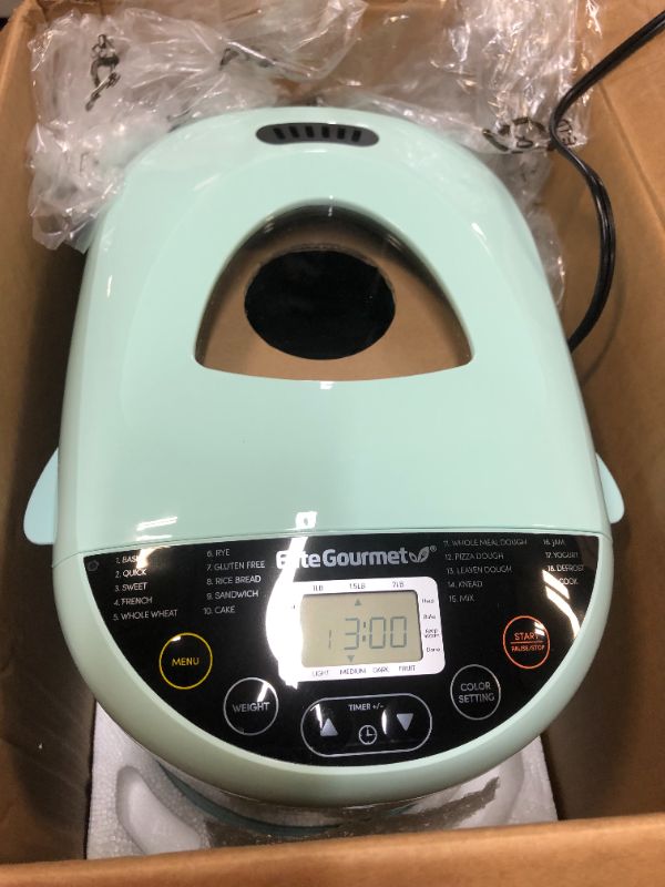 Photo 1 of Elite Gourmet EBM8103M Programmable Bread Maker Machine, 3 Loaf Sizes, 19 Menu Functions Gluten Free White Wheat Rye French and more, 2 Lb, Mint
