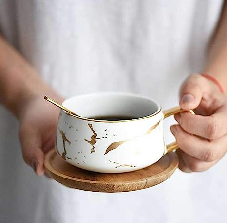 Photo 1 of 10 oz Luxury Golden Hand Print Coffee Teacup with Bamboo Saucer Set Fashion Marble