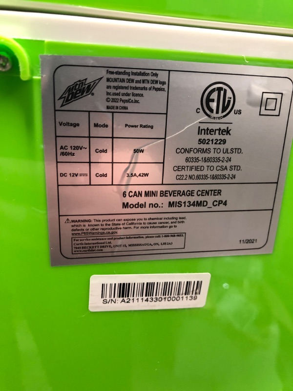 Photo 4 of CURTIS Mountain Dew MIS134MD, Mini Portable Compact Personal Fridge Cooler, 4 Liter Capacity Chills Six 12 oz Cans, 100% Freon-Free & Eco Friendly, Lime
