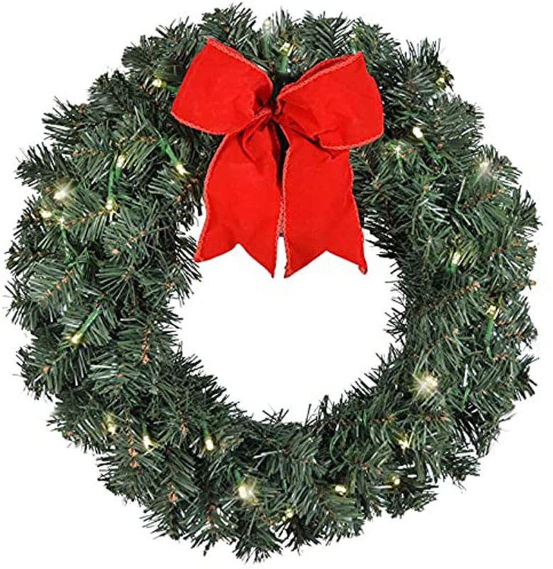 Photo 1 of Artificial Pre-Lit Balsam Pine Christmas Wreath with Red Bow, 16 Inches, Battery Operated with Timer