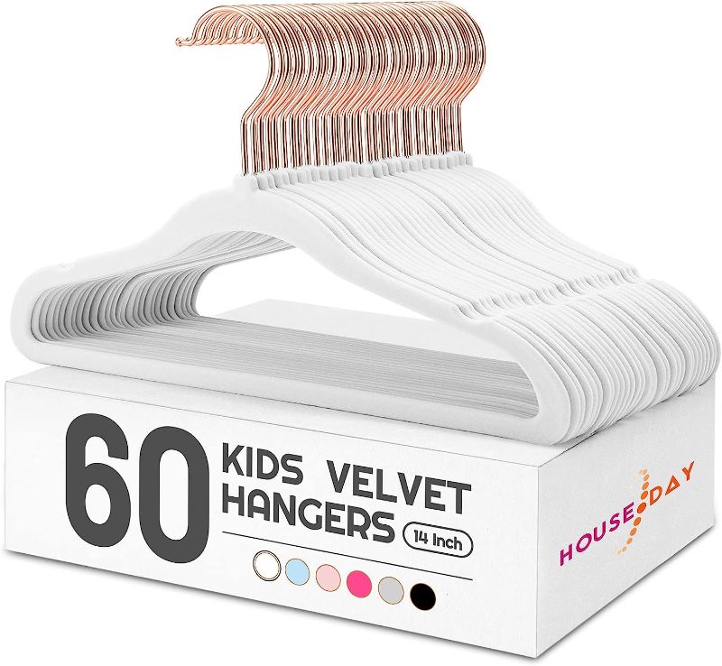 Photo 1 of House Day Velvet Kids Hangers 60 Pack, Premium Childrens Hangers for Closet, Ultra Thin Cute Hangers Kids Clothes Hanger, Non Slip Kids Felt Hangers 14 Inch, Small Hangers for Kids Clothes, White
