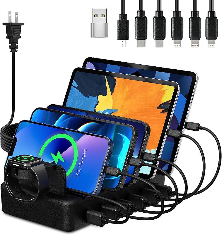 Photo 1 of Charging Station for Multiple Devices, CREATIVE DESIGN 50W 6 Ports Charger Station with Apple Watch Holder & 6 Cables, Charging Dock for iPad Cellphone Kindle Tablet and Other Electronic (Black)

