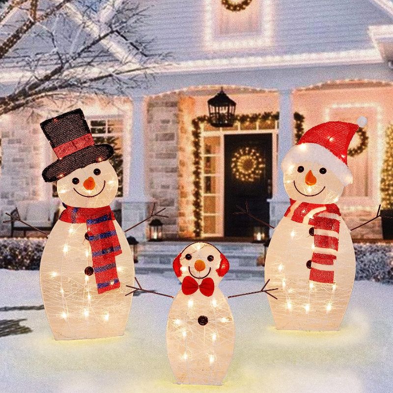 Photo 1 of ATDAWN Pre-Lit Light Up Snowman Family, 60 Lights Christmas Collapsible Snowman Outdoor Decoration, Outdoor Lighted Snowman Christmas Yard Decorations
