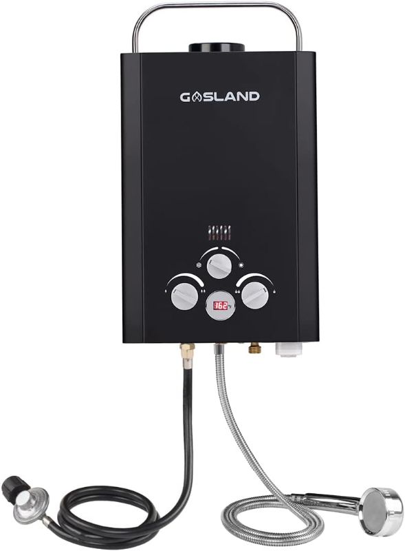 Photo 1 of GASLAND Tankless Water Heater, 1.58GPM 6L Portable Instant Propane Outdoor Gas Heater with Overheating Protection, Easy to Install for RV Cabin Barn Camping & Boat, (Black BE158B)

