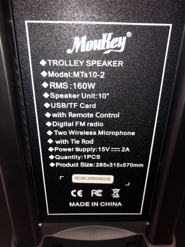 Photo 6 of Moukey Karaoke Machine, PA System Subwoofer, Portable Bluetooth Speaker w/ 2 Wireless Microphones, Lyrics Display Holder, Party Lights & Echo/Treble/Bass Adjustment, Support TWS/REC/AUX/MP3/USB/TF/FM 10" Subwoofer