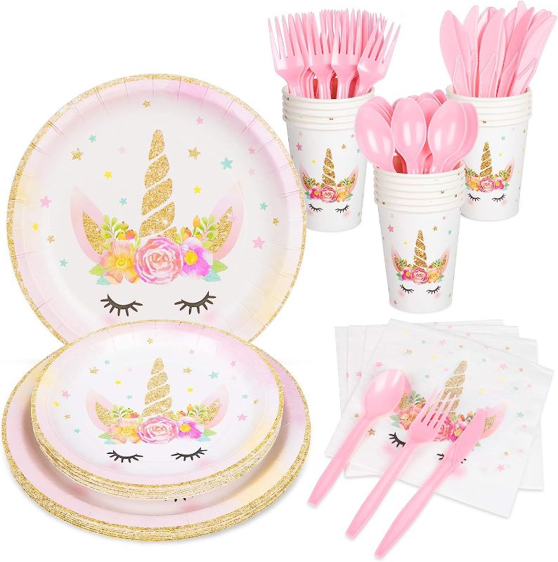 Photo 1 of DECORLIFE Unicorn Plates and Napkins Set Serves 16, Unicorn Party Supplies for Girls Birthday, Baby Shower, Cups, Knives, Forks, Spoons Included, Total 112PCS
