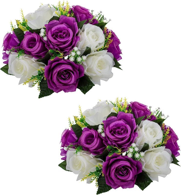 Photo 1 of 2 PCS Fake Flower Ball Arrangement Bouquet, 15 Heads Plastic Roses with Base