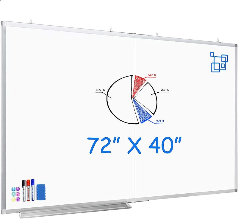 Photo 1 of Large Magnetic Whiteboard, maxtek 72 x 40 Magnetic Dry Erase Board Foldable with Marker Tray 1 Eraser 3 Markers and 6 Magnets| Wall-Mounted Aluminum Memo White Board for Office Home and School
