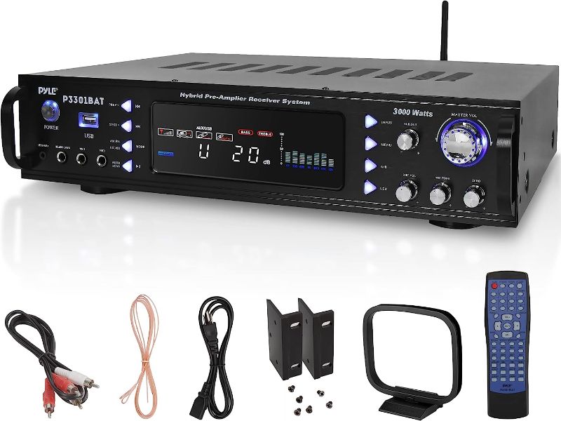 Photo 1 of Wireless Bluetooth Home Stereo Amplifier - Hybrid Multi-Channel 3000 Watt Power Amplifier Home Audio Receiver System w/ AM/FM Radio, MP3/USB,AUX,RCA Karaoke Mic in - Rack Mount, Remote - P3301BAT
