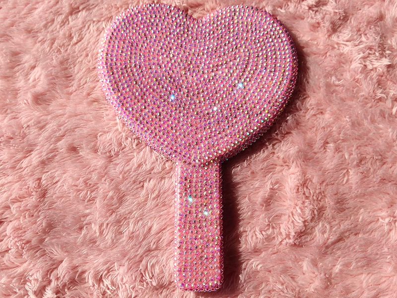 Photo 1 of REABHPY DIY Sparkling Handheld Makeup Mirror Diamond Painting Glitter Rhinestones Heart-Shaped Mirror, Bling Elegant Meaningful Gifts for Girlfriends, Wife, Mom, Ladies, Pink
