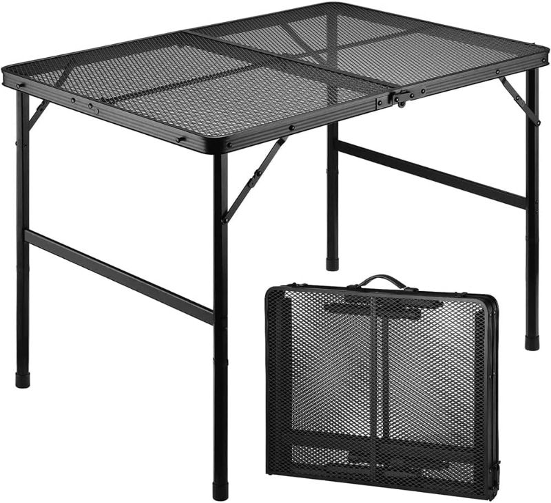 Photo 1 of Amazing for less 3FT Black Folding Grill Camping Table with Wire Mesh Tabletop (35 x 24) Adjustable Height Grilling Camping Table with Carrying Case
