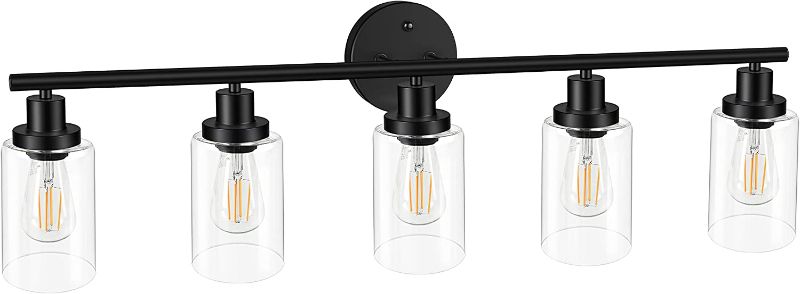 Photo 1 of Unicozin Modern Matte Black 5 Lights Wall Lights, Wall Sconces Light with Clear Glass Shade, Vanity Light Fixtures for Bathroom, Living Room, Kitchen, Bedroom, E26 Base (Bulbs Not Included)
