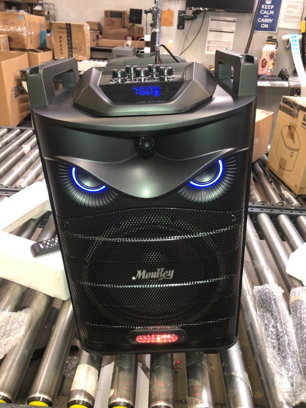 Photo 2 of Moukey Karaoke Machine, PA System Subwoofer, Portable Bluetooth Speaker w/ 2 Wireless Microphones, Lyrics Display Holder, Party Lights & Echo/Treble/Bass Adjustment, Support TWS/REC/AUX/MP3/USB/TF/FM 10" Subwoofer